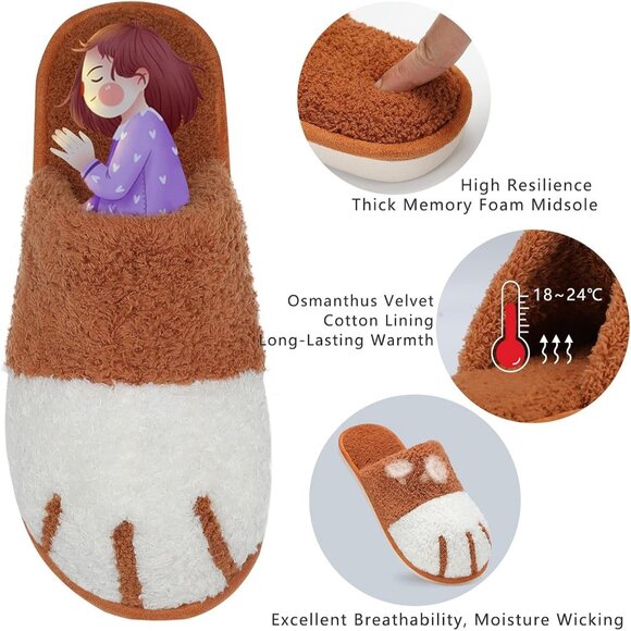 Women's Orange White Memory Foam Winter Warm Cozy Fuzzy Bedroom Slippers Shoes - Picture 4 of 6